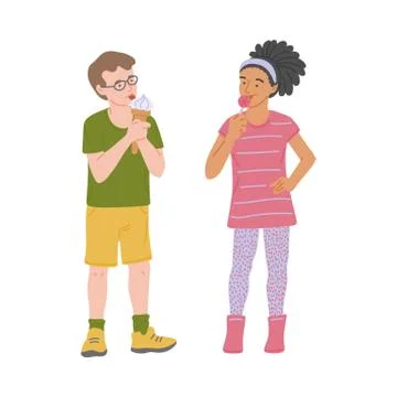 Flat vector isolated illustration of happy cute kids eating sweets Stock Illustration