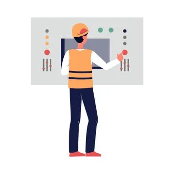 Flat vector isolated illustration of worker next to the cargo control panel. Illustrazione stock