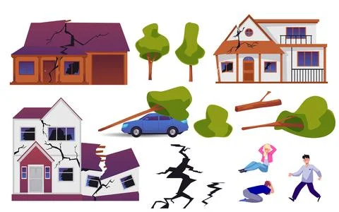 Flat vector isolated illustrations set consequences of natural disaster Stock Illustration
