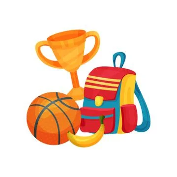 Flat vector items related to school and education theme. Golden cup, basketball 库存插图