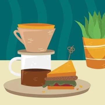 Flat vector kalita with sandwich on the table. Alternative methods of brewing Stock Illustration