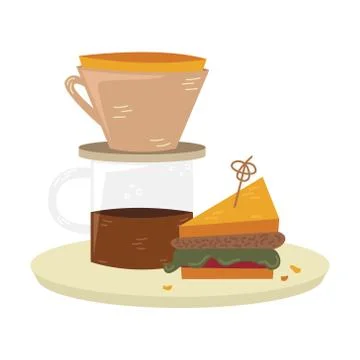 Flat vector kalita with sandwich on the table. Alternative methods of brewing Stock Illustration