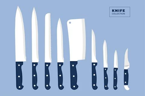 Flat vector knife collection with white and blue color.  Chef knife, butcher  Stock Illustration