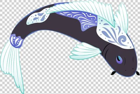 Flat vector koi carp swimming in blue-white pattern on transparent background, Illustrazione stock