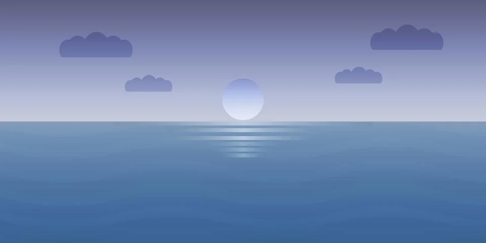 A flat vector landscape featuring a glowing sun setting over a calm sea with  Stock Illustration