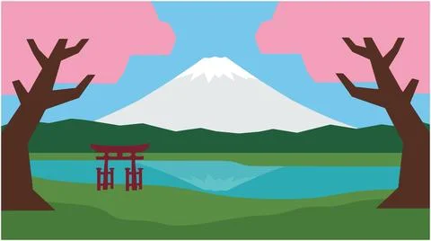 Flat vector landscape featuring torii gate and sakura trees near mountain Ilustração Stock