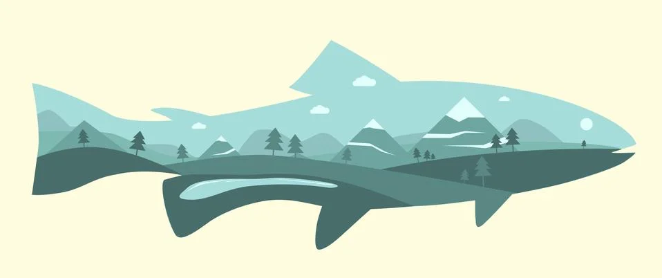 Flat vector landscape illustration inscribed in the form of fish. Stock-Illustration