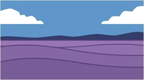 Flat vector landscape with purple lavender fields and clouds lavender peacefu Stock Illustration