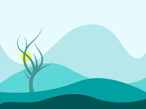 Flat vector landscape sunset with hills and tree without leafs Stock Illustration