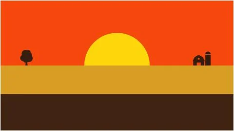 Flat vector landscape with sunset over rural farm field landscape building 스톡 일러스트
