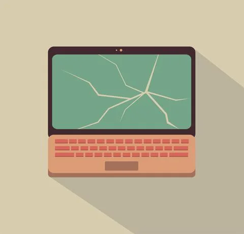 Flat vector laptop with crack on the screen and shadow Stock Illustration