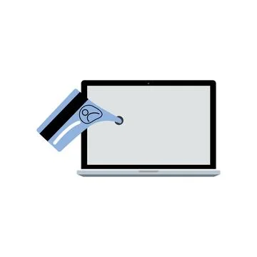Flat Vector Laptop with Hand Holding Credit Card for Online Payment Stock Illustration