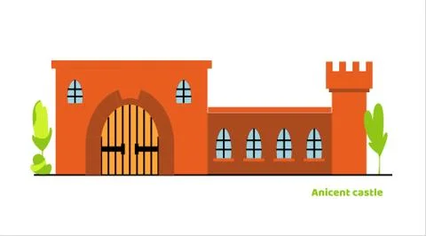 Flat vector large fairy tale castle. Medieval palace with high tower and larg Illustrazione stock