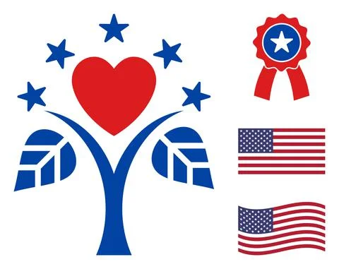 Flat Vector Life Tree Icon in American Democratic Colors with Stars Stock Illustration