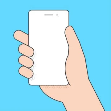 Flat vector linear image on blue background, hand is holding smartphone Illustrazione stock
