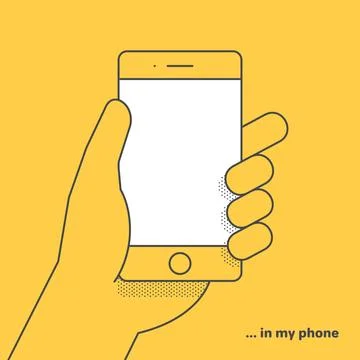 Flat vector linear image on yellow background, hand is holding smartphone Illustrazione stock