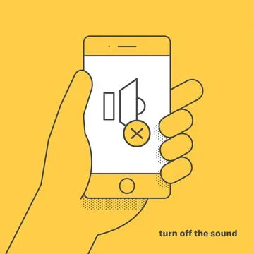 Flat vector linear image on yellow background, hand is holding a smartphone.. Stock Illustration