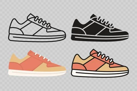Flat Vector Linear Male and Female Shoes Icon Set Isolated. Sneakers, Footwear Stock Illustration