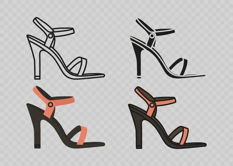 Flat Vector Linear Women's High-Heeled Sandals Icon Set Isolated. Sandals Illustrazione stock