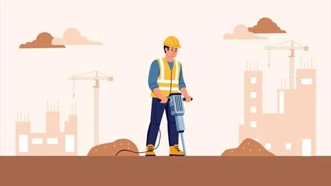 Flat vector of male worker using jack hammer with safety uniform at under c.. Stock Illustration