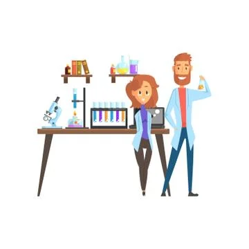 Flat vector of man scientist and girl assistant in laboratory. Microscope, test Illustrazione stock