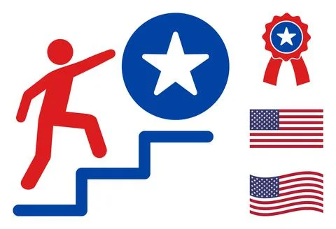Flat Vector Man Steps to Success Icon in American Democratic Colors with Stars Stock Illustration