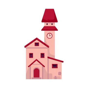 Flat vector medieval castle with clock tower on isolated background. 스톡 일러스트