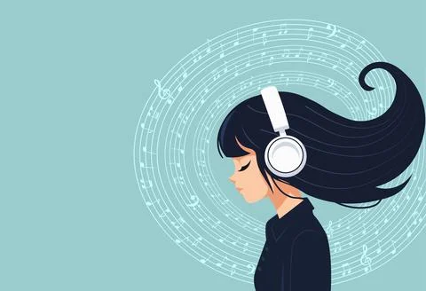 Flat vector minimalistic illustration of a young girl with headphones liste.. Stock Illustration
