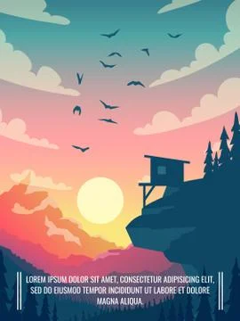 Flat vector mountain landscape with sun and clouds in sky with birds 스톡 일러스트