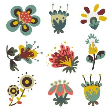 Flat vector naive decorative fantasy flowers set Stock Illustration
