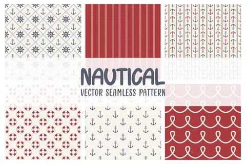 Flat Vector Nautical Seamless Pattern Set. Marine Seamless Patterns, Sea Print Stock Illustration