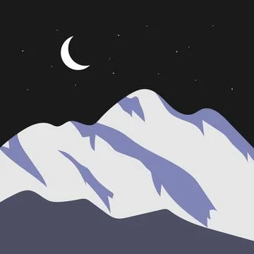 Flat Vector Night Mountain Landscape with Moon, Stars and Gray Peaks Stock Illustration