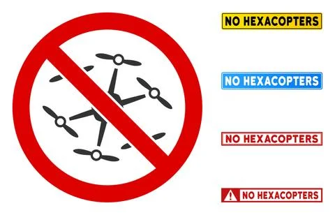 Flat Vector No Hexacopter Sign with Phrases in Rectangular Frames Stock Illustration