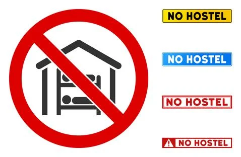Flat Vector No Hostel Sign with Messages in Rectangle Frames Stock Illustration