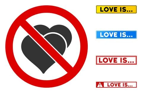 Flat Vector No Love Hearts Sign with Captions in Rectangular Frames Stock Illustration