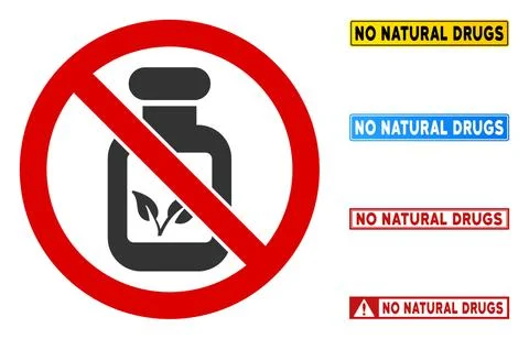 Flat Vector No Natural Drugs Sign with Badges in Rectangle Frames Stock Illustration