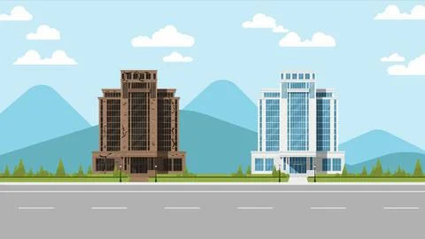 Flat vector of before old broken and after renovated new building, flipping.. Ilustración de archivo