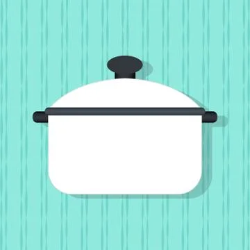 Flat vector pan, kitchenware on the wall background. Stock Illustration