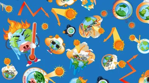 Flat vector pattern illustrating global warming through melting Earth charact イラスト素材