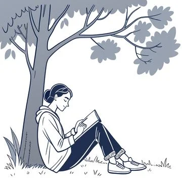 Flat Vector Of Person Reading Under Tree Stock Illustration