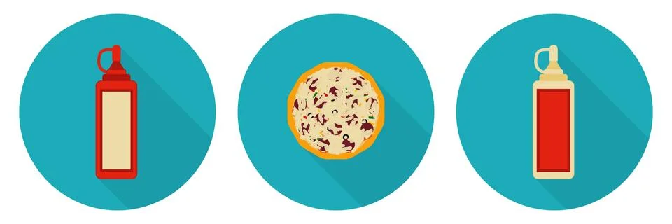 Flat vector pizza, ketchup bottle, mayo bottle Stock Illustration