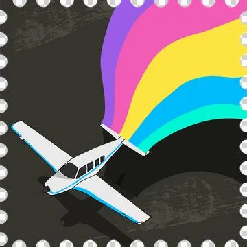 Flat vector plane is flying with rainbow stripes and film perforations on Stock Illustration