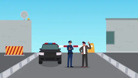 Flat Vector Police Officer and Businessman at Border Control Checkpoint car.. Video stock 337940680
