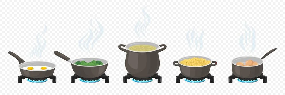 Flat Vector Pots And Pans On Gas Stove. Boiling Soup, Frying Eggs, Cooking Stock Illustration