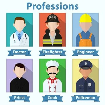 Flat vector profession avatars. Various job people icon set. Doctor, firefighter Stock Illustration
