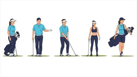 Flat vector of professional golfer player with clubs on course doing golf spo Stockillustratie