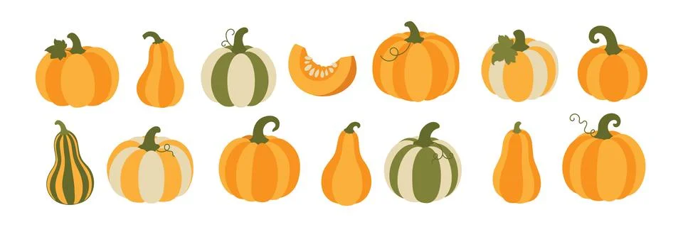Flat vector pumpkins set isolated on white background Stock Illustration
