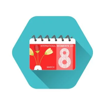 Flat vector red calendar hexagon icon of International Women's Day with white Stock Illustration