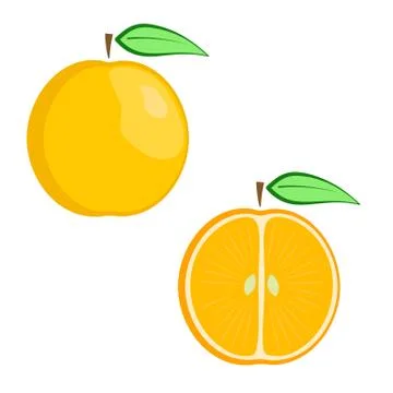 Flat vector ripe full and half orange set Stock Illustration
