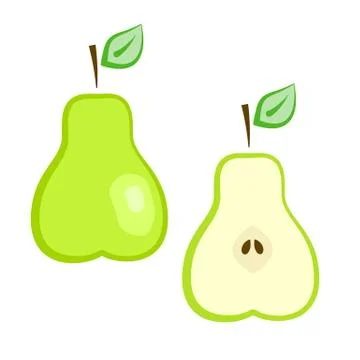 Flat vector ripe green full and half pear set Stock Illustration